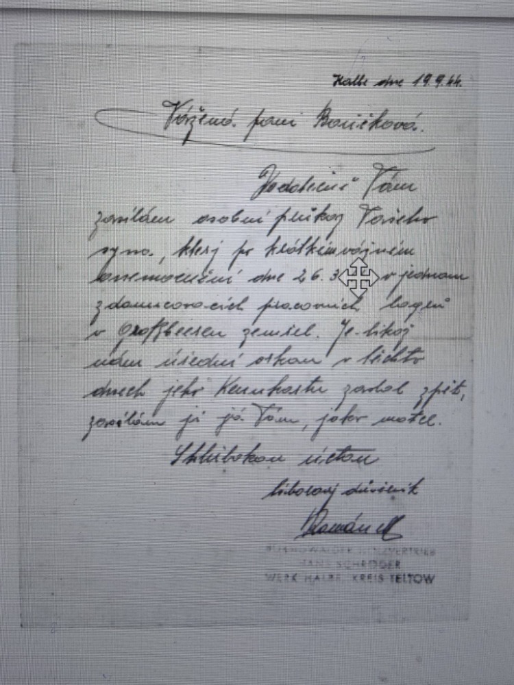 Dopis matce J. Boučka s informací o jeho smrti z My Heritage.cz